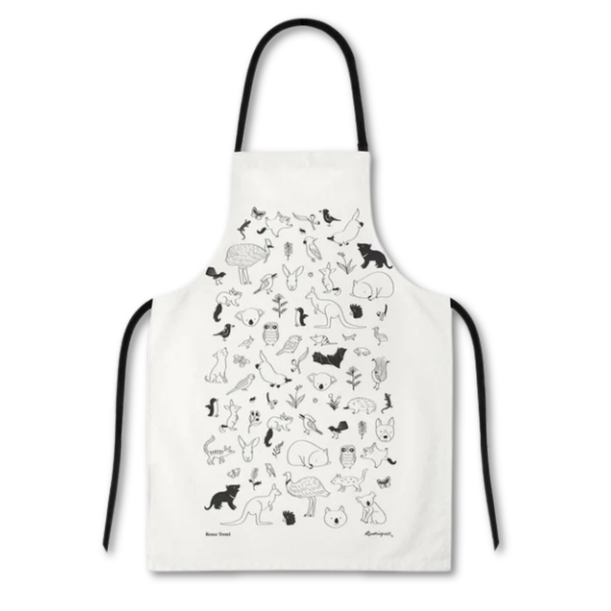 White linen Australian Animals Apron drawn by Australian Illustrator Renee Treml