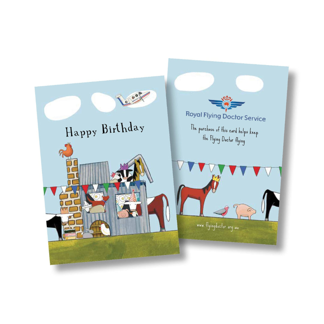 Front and back of a greeting card with 'Happy Birthday' message from the Royal Flying Doctor Service, featuring colorful illustrations of an airplane, a horse, and a pig.