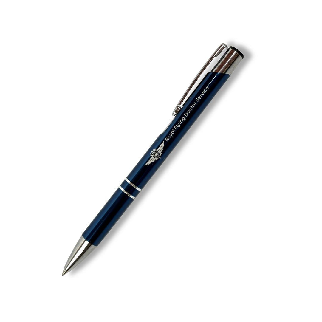 Dark blue ballpoint pen with silver accents and the Flying Doctor logo engraved on the side.