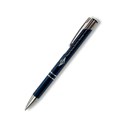 Dark blue ballpoint pen with silver accents and the Flying Doctor logo engraved on the side.