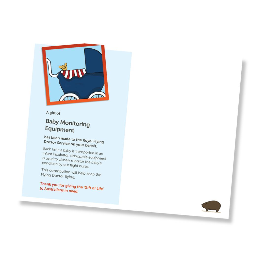 Inside of a card for a baby monitoring equipment donation to the Royal Flying Doctor Service, shown at an angle on a white background. The card features a light blue background with text, an illustration of a pram with a teddy bear in it, and a small brown wombat in the bottom right corner.