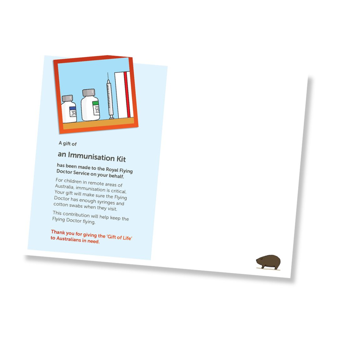 Inside of a card for an immunisation kit donation to the Royal Flying Doctor Service, shown at an angle on a white background. The card features a light blue background with text, an illustration of a vials and a needle, and a small brown wombat in the bottom right corner.