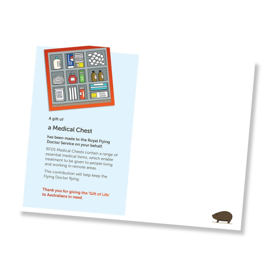 Inside of a card of a donation of a medical chest for the Royal Flying Doctor Service on a white background. The card has a light blue background with a small illustrated medical chest, text, and a small brown wombat illustration in the lower right corner.