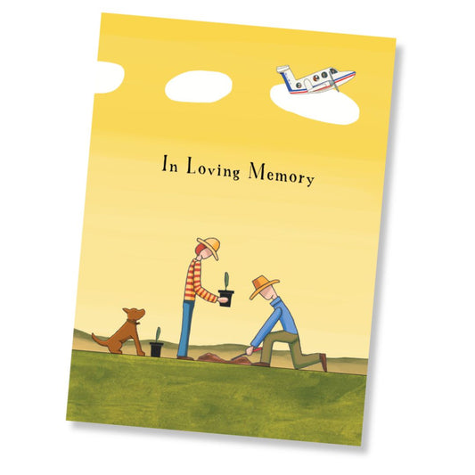 A sympathy card with a yellow sky illustration, reading 'In Loving Memory,' showing two people gardening and an RDFS plane near the top right. The card is at an angle on a white background.