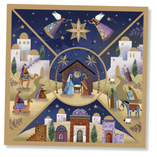 Square Christmas Card illustration of a nativity scene with wise men, star of Bethlehem, and stable.