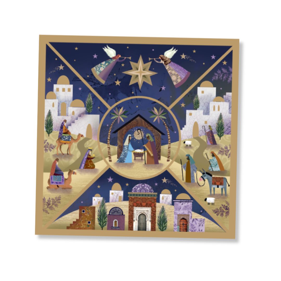 A square Christmas nativity greeting card featuring a central stable with Mary, Joseph, and baby Jesus, surrounded by a star, angels, camels, sheep, and stylized houses in a geometric, mosaic-like design. The card has a gold border and is shown against a plain white background.