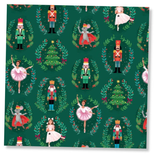 Square Christmas Card pattern of Christmas characters including nutcrackers, dancers, and trees on a green background.