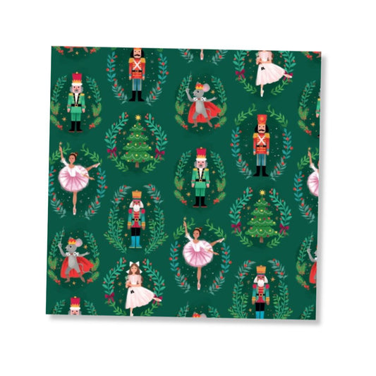 A square Christmas greeting card featuring a festive Christmas nutcracker design on a dark green background. The repeating pattern includes illustrated nutcrackers, ballerinas, mice, Christmas trees, and wreaths in red, green, pink, white, and gold tones, on a white background.