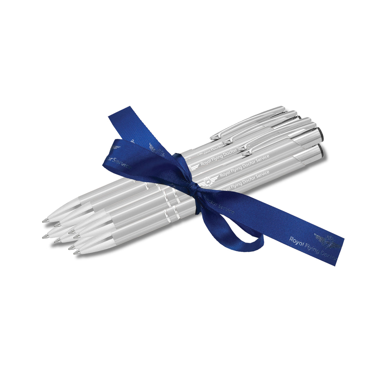 Set of silver pens tied with a blue ribbon on a white background